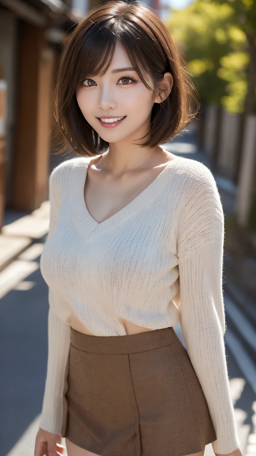 (Ultra High Resolution 8K), (highest quality), Super detailed, ((Skirt Lift)), Cute smiling girl, (Big Breasts), High-definition facial beauty, Detailed knitwear showing red panties , Blushing, Very hot day, Shade, Seduce