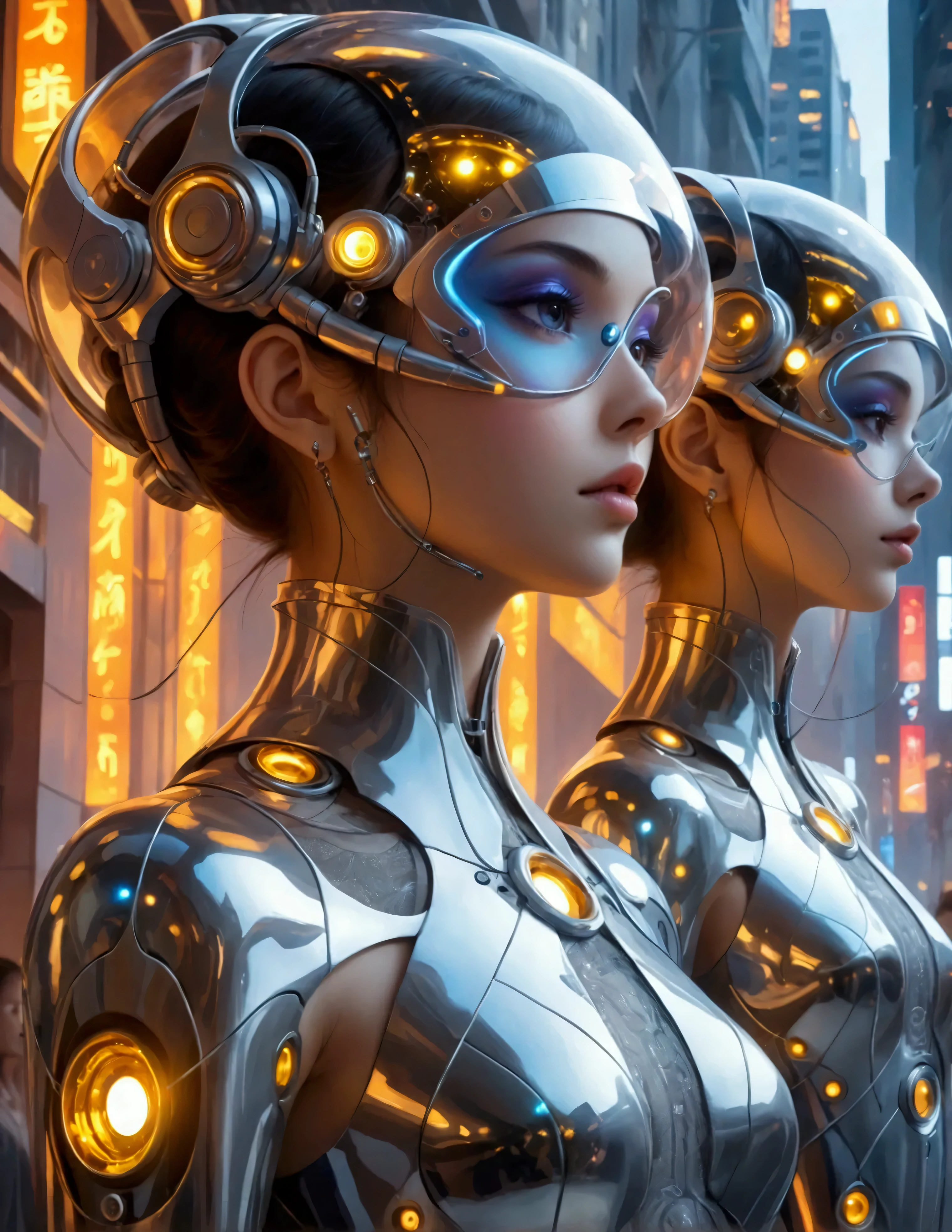 score_9, score_8_up, score_7_up, (masterpiece, ultra detailed), sfw, portrait, 1girl,In the heart of a futuristic metropolis, a fashion show unfolds where technology meets art in a dazzling symphony. The runway, a sleek, iridescent path of LED lights, pulses with every step the models take, reflecting the grandeur of the steel and glass skyscrapers that enclose it. The collection, an ode to avant-garde design, features garments that seamlessly integrate robotics and fashion. Dresses with programmable LED panels shimmer with changing colors, while high-tech fabrics reflect the urban landscape, creating an optical illusion of infinite space. Metallic accessories gleam under overhead drones capturing every moment, offering perspectives both surreal and breathtaking. The models, their makeup as bold as their attire, sport cybernetic features—glossy chrome finishes and luminescent accents that suggest a merger of human and machine. As the final note echoes, the audience rises, transported across time and space, captivated by visions of a futuristic elegance that transcends the present.