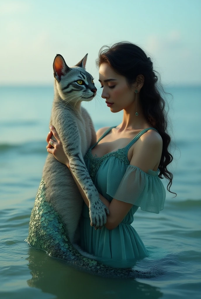 brindle kitten with blue eyes playing and floating in crystal clear water in summer alone