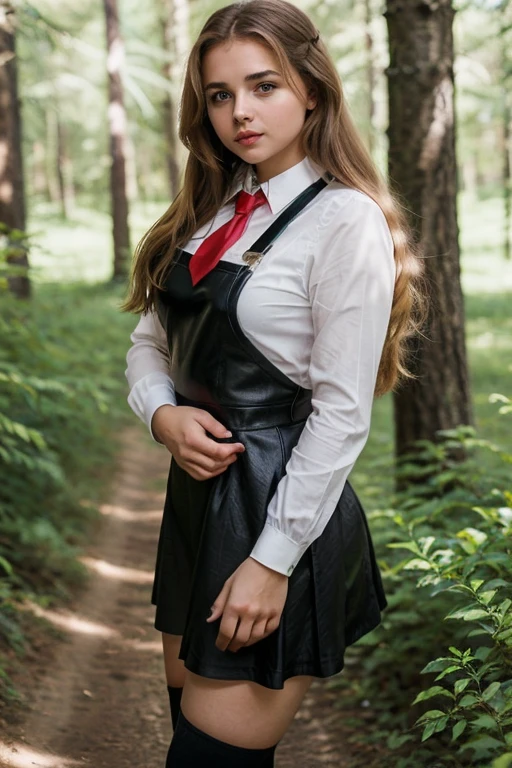 Cute young beautiful schoolgirl pioneer, beautiful cute teen face, curvy figure, black leather skater pinafore dress , transparent white blouse , red tie, brunette long hair, beautiful eyes. stockings, Sneakers, pioneer schoolgirl - standing in the forest , photorealistic , sad face, curvy figure, Белые чулки, динамический, ультравысокое разрешение, 32К, (Perfect Anatomy:1.5), идеальные ноги