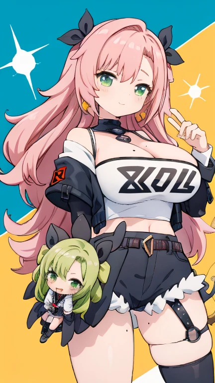 official style,official art,fullCG,Looking at the audience, 1girl,difficult, happy Smile, OfficialStume ,(NFSW),(Big Breasts: 1.5),cowboyshot,Chibi character,Mini character,2 heads,