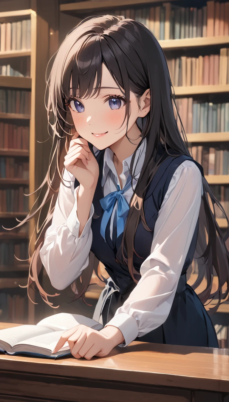 (masterpiece), One Girl, long hair, Black Hair, A woman holding a book, standing by a library table, smiling softly as she talks