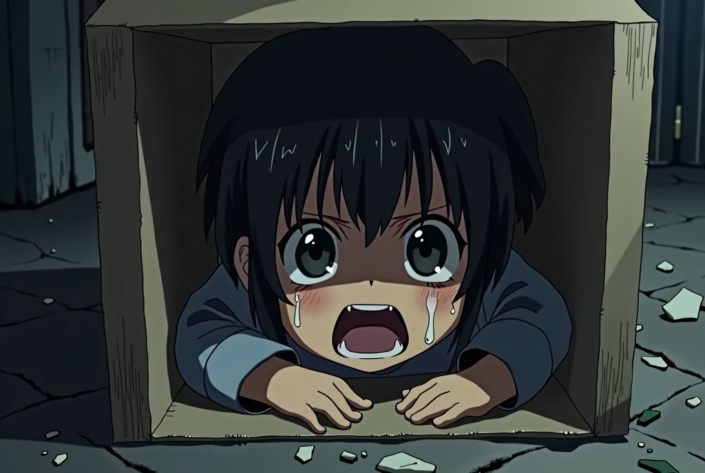 Cartoon girl hostage crying with a cloth wrap around its eyes 