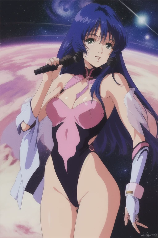 (best quality, masterpiece, RAW photo,ultra-detailed:1.2), 1girl,solo,looking at viewer,smile lynn minmay,
black high leg leotard,pink ribbon,outer space, cosmic background, singing, floating,cowboy shot