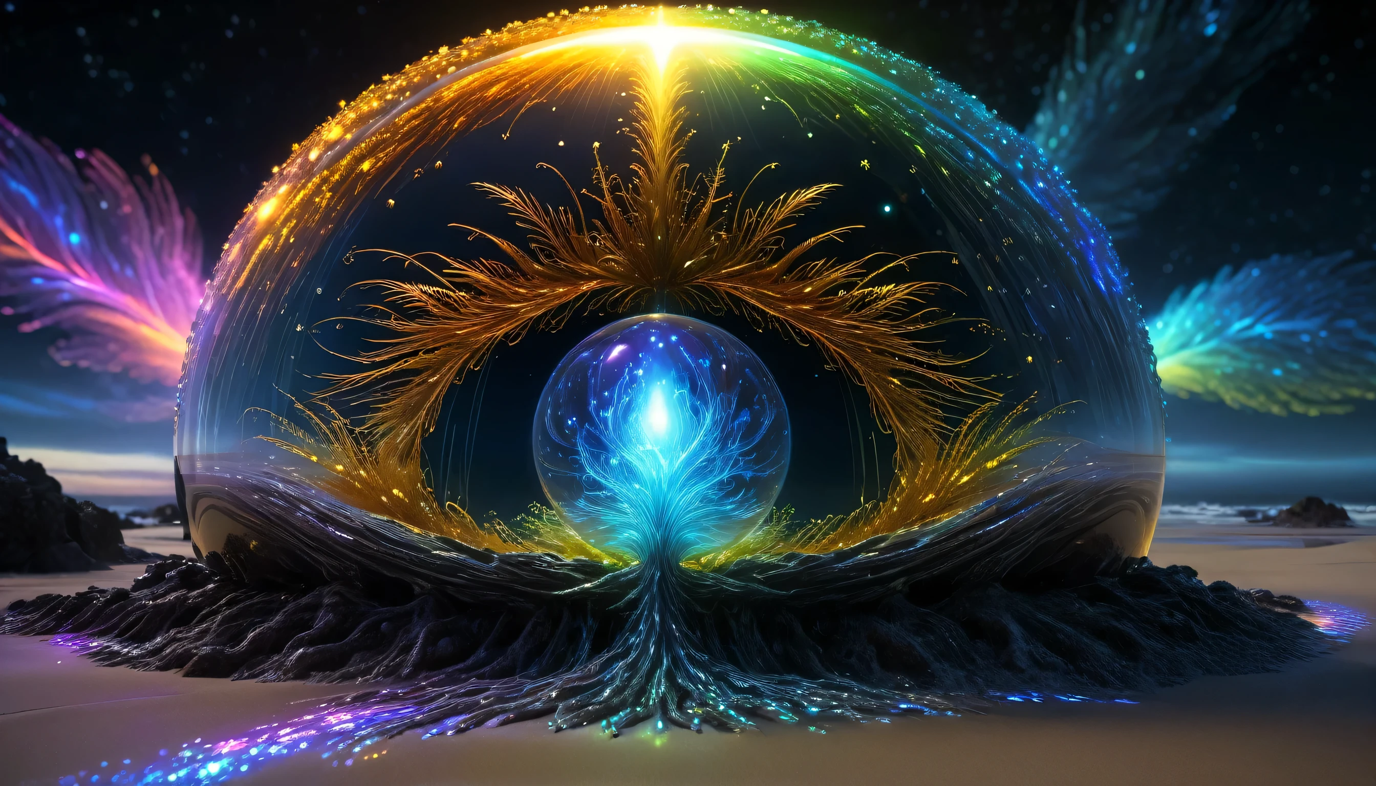 A perfect masterpiece. mysterious alien world , extremely beautiful bright interstellar beach , crystal transparent, exquisite, strange hollow shape alien night light , Ammonia nitrogen , Nautilus, phoenix feather , electronic neural network digital matrix high-dimensional technology high-dimensional technology modeling alien life , mysterious high-tech pattern , surrounded by beautiful digital pixel information flow display neural network , hair colorful starlight nerve fiber material , super sci-fi futuristic , Virtual World, Surrealist , Ultra HD, Chiaroscuro, bright and thorough , Pixel Perfect, perfect fine detail , x} Ultra High Resolution - Optical lens technology - Ultra Clear Textures - Photonic Sky Accuracy - Vector Graphics - Deep Learning Enhancement - Holographic Rendering - Super Sampling - High Dynamic Range, ultra-high pixel density , Ultra-clear picture quality, Ultra HD pixel, Ultra HD, 5D, 8k resolution