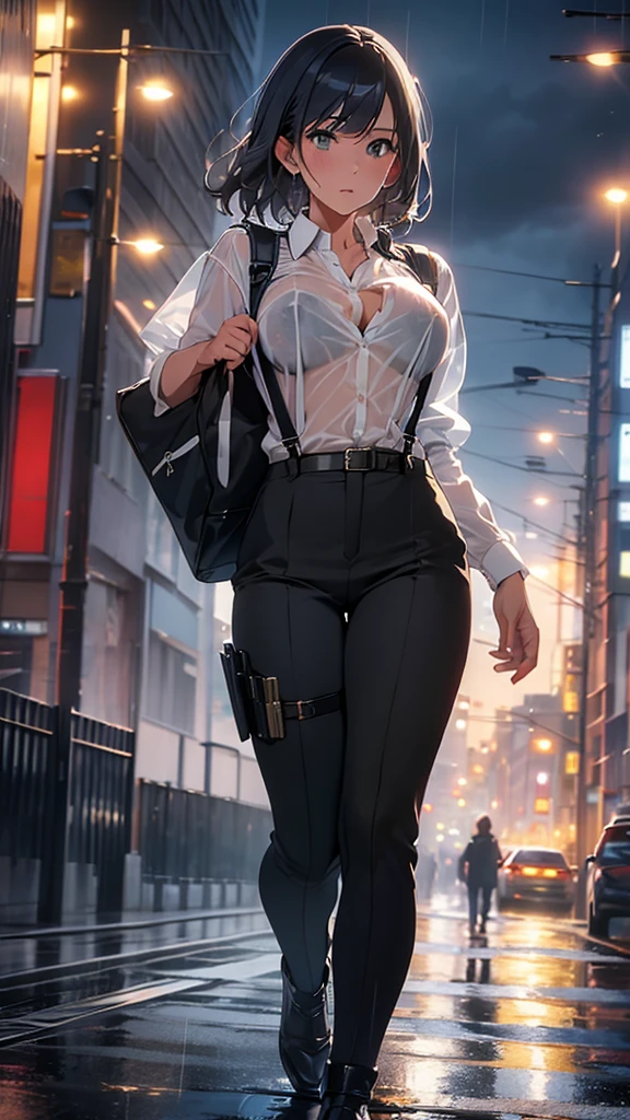 Woman in a suit, belt, Hands on back,  sweaty,  suspenders,  black pants , Sexy, Large Breasts, see-through clothing, rain, Detective, Office Workers,  white button up shirt , ( best quality,4K,8k, High Resolution ,masterpiece:1.2),Ultra-detailed,(Realistic,photoRealistic,photo-Realistic:1.37),Hyper Details,Highly detailed face and body, slender　thin　 suspenders　Medium Breast　 see-through shirt 　Nipples　　Lock　pistol　Armament　Criminal　Female Criminal　knife　Japanese　 profile 　Japanese women　Arrest Handcuffs　belt rain　See-through　holster　 leg links　Armament　
