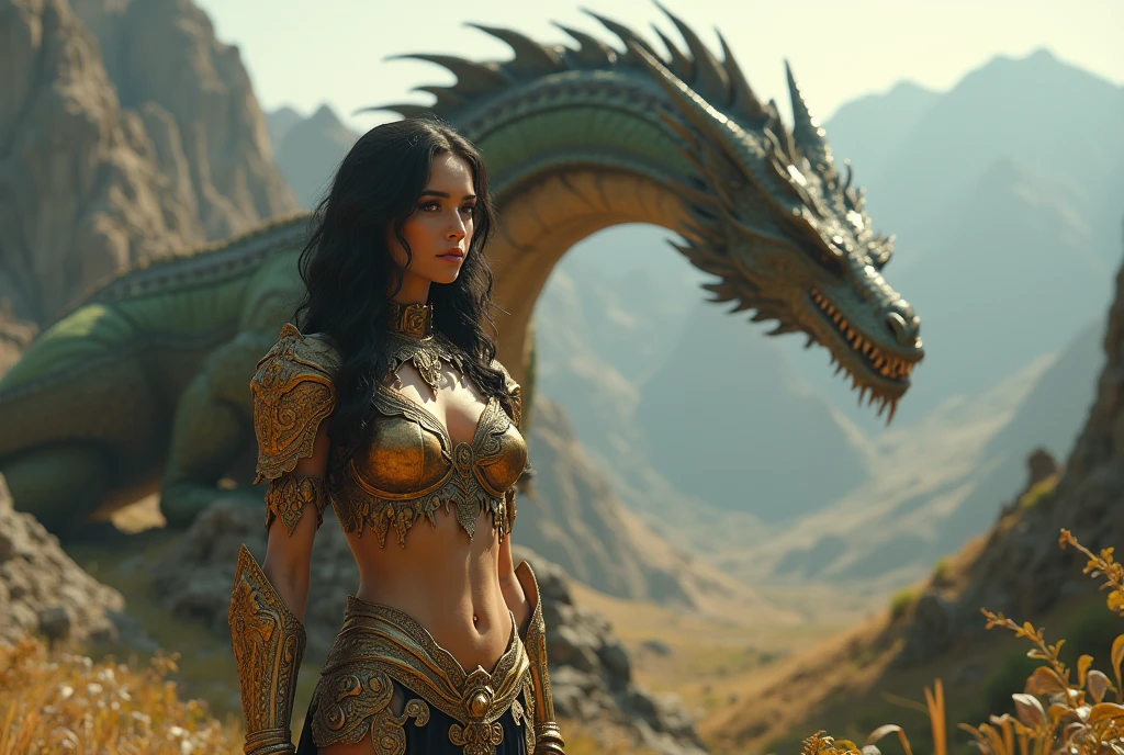 there is a woman naked nice breast,thick body shape,standing next to a statue of a dragon, hot reptile humanoid woman, realistic fantasy illustration, hyperrealistic fantasy art, realistic fantasy render, broken armour, broken armor, realistic, realistic fantasy artwork, , broken-armor, beautiful digital artwor,hairy vagina k, fantasy woman, completely naked.