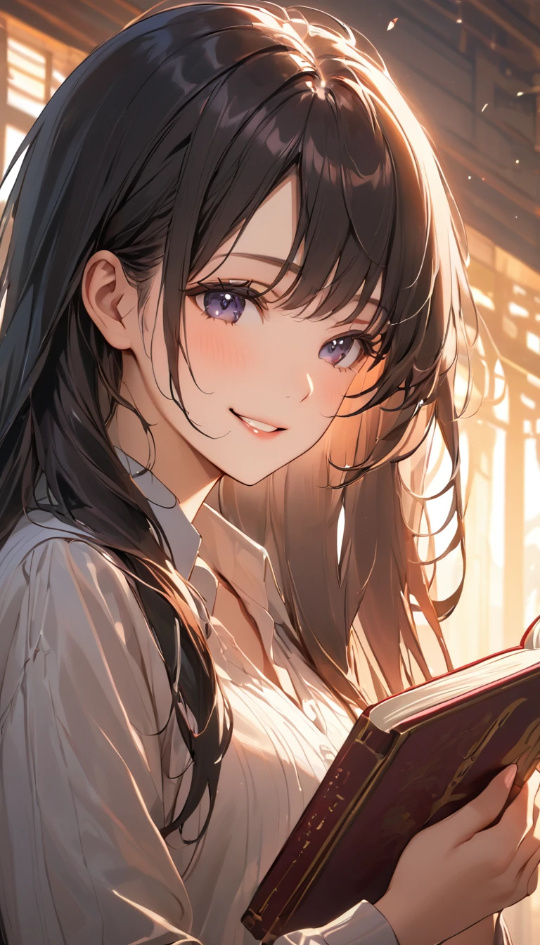 (masterpiece), One Girl, long hair, Black Hair, A woman holding a rare book, her face lighting up with a warm smile as she expresses her gratitude