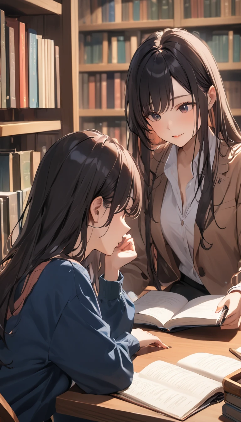 (masterpiece), One Girl, long hair, Black Hair, A woman sitting across from someone at a library table, sharing a book, the soft sound of turning pages