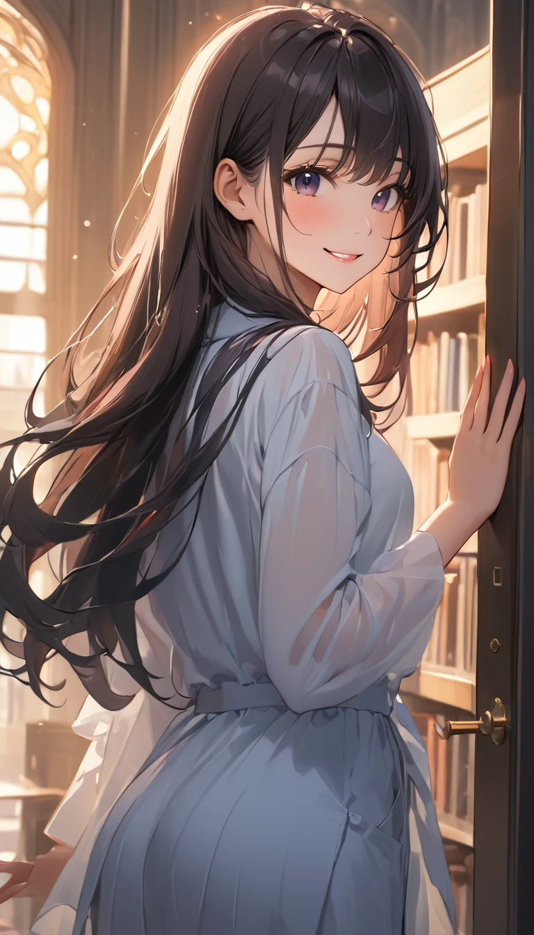 (masterpiece), One Girl, long hair, Black Hair, A woman standing at the library entrance, turning to wave goodbye, her smile gentle in the fading daylight