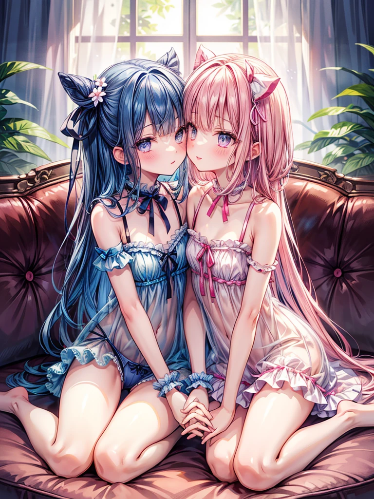 NSFW,Two Girls,Lying down,((Lift both legs yourself)),no Panties,Having sex,Light blue hair,Light pink hairstyle，Cat ears，Pink eyes，Light blue Lolita，white sock，Lori,pink bows,Smile with open mouth,Top image quality,Best Quality, 4k,masterpiece 