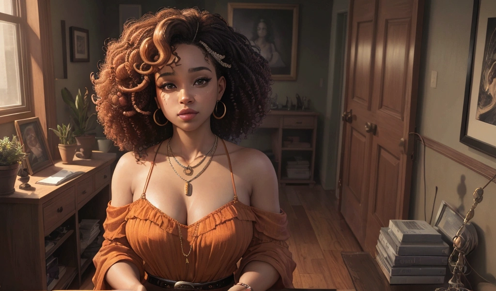 foto de retrato digital detalhado de TinaKunakey, cabelo afro enorme grande preso, mulher bonita,  morena penteado para cima preso , sentada no bar lendo livro  (obra-prima) (melhor qualidade) (detalhado) (8k) (HDR) (papel de parede) (cinematic lighthing) (foco nítido) (intrincado