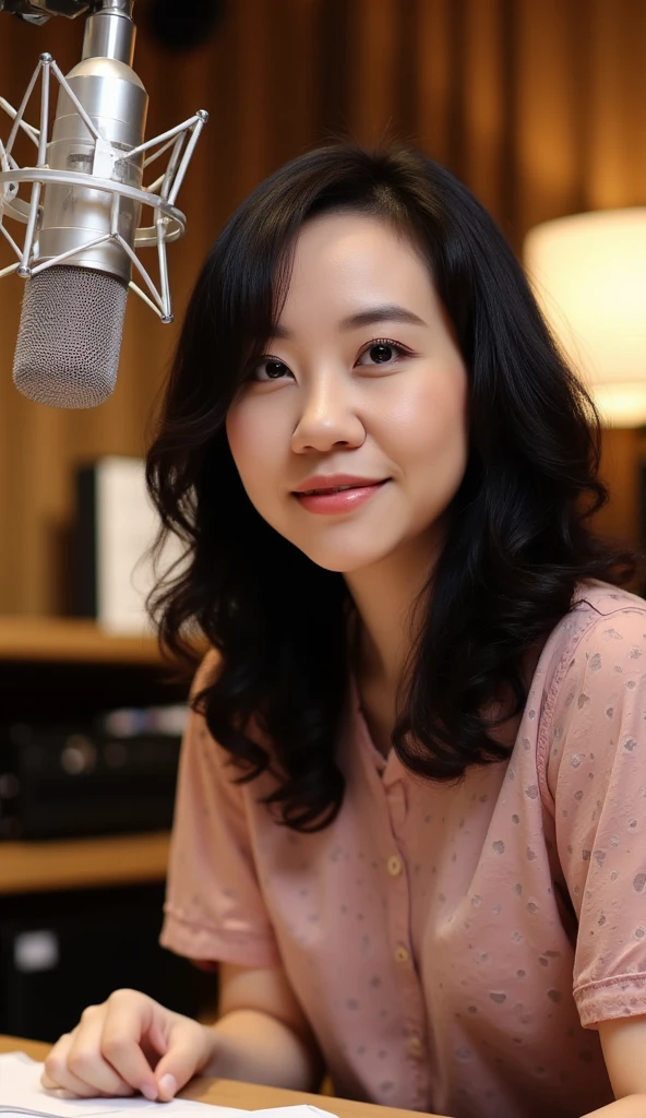 A talented voice actress sits confidently, her focus on the script as a suspended microphone hovers in front of her. The studio's soft lighting enhances her poised expression. With every word she speaks, her voice brings life to characters, while the detailed textures of the mic and her surroundings create an intimate, professional atmosphere, detailed face, detailed eyes, detailed lips, detailed nose, best quality, 4k, 8k, high resolution, masterpiece:1.2, ultra-detailed, realistic, photorealistic:1.37, HDR, UHD, bokeh, super photography, dramatic light,