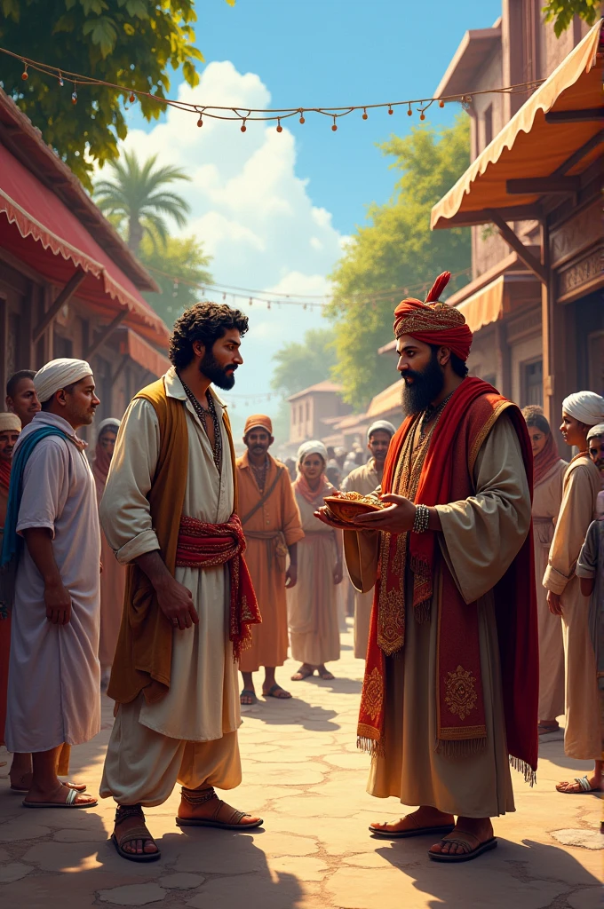An illustration of Nu'ayman, dressed in simple attire typical of the Arabian people, standing next to Prophet Muhammad while playfully pointing towards a confused food vendor. The Prophet’s face is full of laughter, reflecting warmth and camaraderie. In the background, there’s a bustling marketplace with various tents and people going about their day set manga