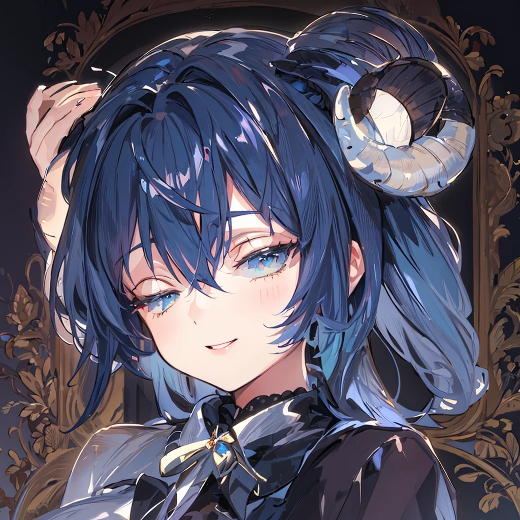 ( best quality, masterpiece,  high quality , delicate description, Elaborate painting).  Shiny Hair ,  long pigtail hairstyle, dark blue hair, A sheep&#39;s horn on its head, Eyes closed 