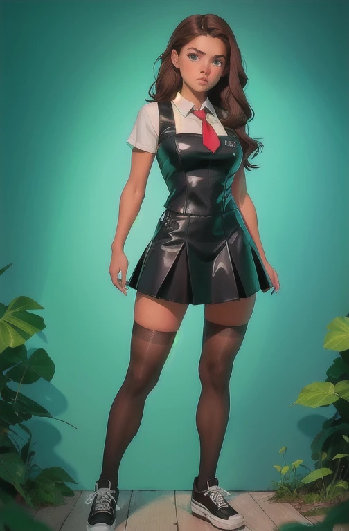 Cute young beautiful schoolgirl pioneer, beautiful cute teen face, curvy figure, black leather skater pinafore dress , transparent white blouse , red tie, brunette long hair, beautiful eyes. stockings, Sneakers, pioneer schoolgirl - standing in the forest , photorealistic , sad face, curvy figure, Белые чулки, ультравысокое разрешение, 32К, (Perfect Anatomy:1.5), идеальные ноги