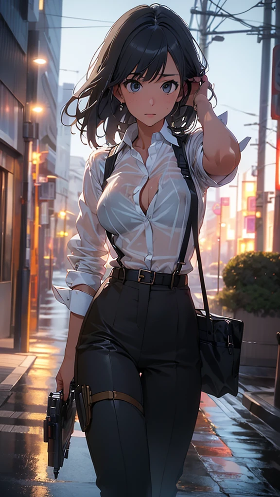 Woman in a suit, belt, Hands on back,  sweaty,  suspenders,  black pants , Sexy, Large Breasts, see-through clothing, rain, Detective, Office Workers,  white button up shirt , ( best quality,4K,8k, High Resolution ,masterpiece:1.2),Ultra-detailed,(Realistic,photoRealistic,photo-Realistic:1.37),Hyper Details,Highly detailed face and body, slender　thin　 suspenders　Medium Breast　 see-through shirt 　Nipples　　Lock　pistol　Armament　Criminal　Female Criminal　knife　Japanese　 profile 　Japanese women　Arrest Handcuffs　belt rain　See-through　holster　 leg links　Armament　
