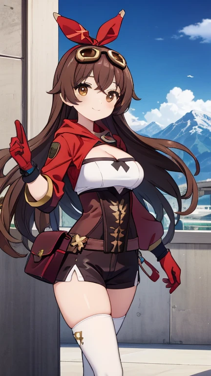 masterpiece, best quality, 1girl, amber \(genshin impact\), boots, breasts, brown eyes, brown hair, cleavage, upper body, gloves, goggles, goggles on head, hair ribbon, hand on hip, long hair, looking at viewer, medium breasts, open mouth, pouch, red ribbon, ribbon, short shorts, shorts, shrug \(clothing\), smile, solo, teeth, thigh boots, thighhighs, mountain background