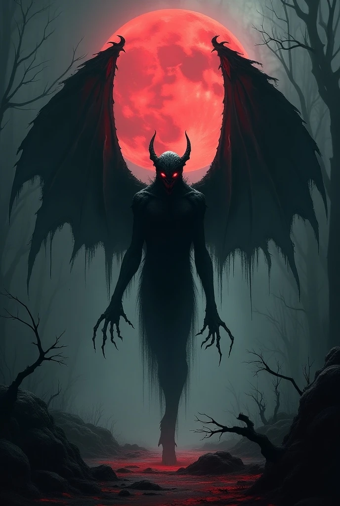 A shadow with a menacing stance and red eyes with a red aura and red wings and distorted red skin