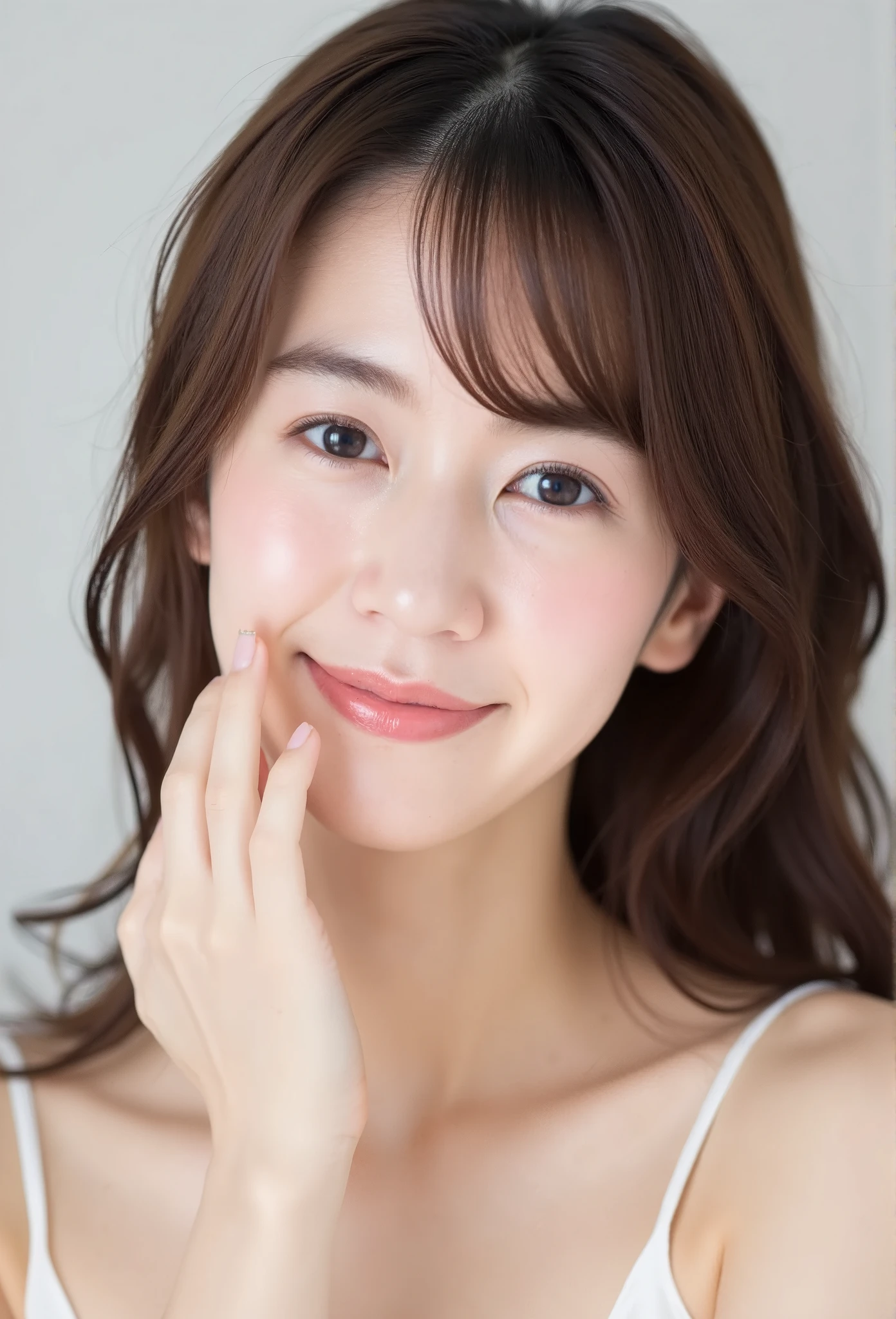 A young, adorable Korean woman poses sweetly for the camera, resting her hand gently on her chin, with her long, dark hair framing her soft face. She wears a sleeveless top that subtly reveals her shoulders, adding a playful and cute charm to her look. Her flawless skin, bright eyes, and gentle smile are enhanced by natural Korean makeup, with soft pink lips and a rosy glow. She embodies the sweet innocence of a Korean idol, radiating youthful energy and cuteness. Her radiant, glowing complexion is perfect for a skincare brand photoshoot, while her pose and expression exude irresistible charm and warmth