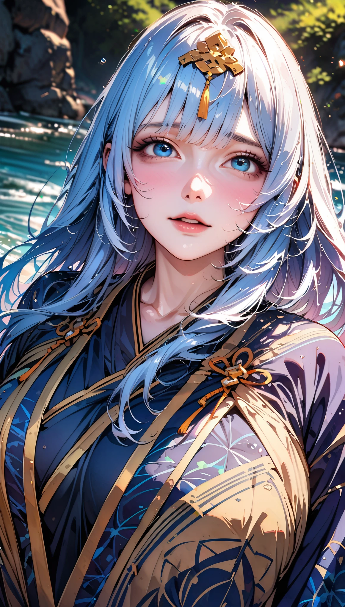 UHD, masterpiece, anatomically correct, textured skin, high details, best quality, highres, 1080P, 16k,SOLO, 1 female,Perfect body,huge oppai,(blue long hair,floating hair),(Wear a golden hairpin),(Wearing a blue Taoist caftan with water pattern:1.9),(open pose),(water Background),(shiny skin:1.7),(upper focus:1.7),(Close-up)