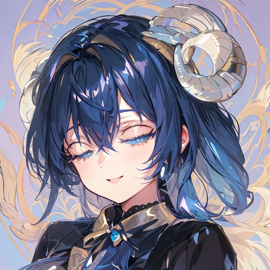 ( best quality, masterpiece,  high quality , delicate description, Elaborate painting).  Shiny Hair ,  long pigtail hairstyle, dark blue hair, A sheep&#39;s horn on its head, ((((((((((((((Eyes closed )))))))))))))), (((((closed eyes)))))