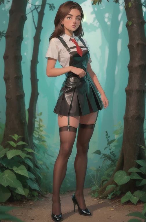 Cute young beautiful schoolgirl pioneer, beautiful cute teen face, curvy figure, black leather skater pinafore dress , transparent white blouse , red tie, brunette long hair, beautiful eyes. stockings, Leather high heels shoes, pioneer schoolgirl - standing in the forest , photorealistic , sad face, curvy figure, Белые чулки, ультравысокое разрешение, 32К, (Perfect Anatomy:1.5), идеальные ноги