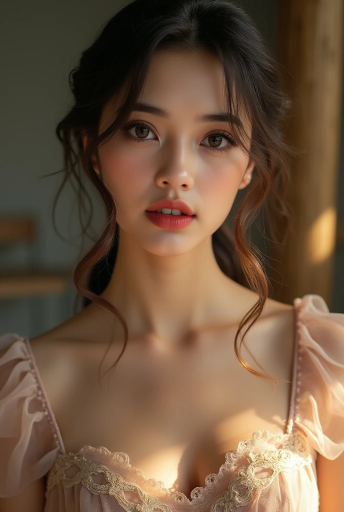 full body portrait of a young **** woman, beautiful detailed eyes, beautiful detailed lips, extremely detailed face, long eyelashes, see-through ****ta dress, intricate lace, ruffled skirt,  (best quality,4k,8k,highres,masterpiece:1.2),ultra-detailed,(realistic,photorealistic,photo-realistic:1.37), beautiful lighting, warm color tones, delicate details, highly detailed, soft focus, elegant, portrait