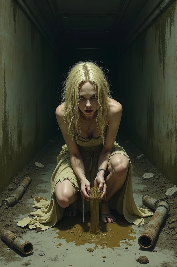 Crazy blonde woman, with big eyes, crazy laugh and drooling mouth dances on cemetery graves and throws bones in the air.