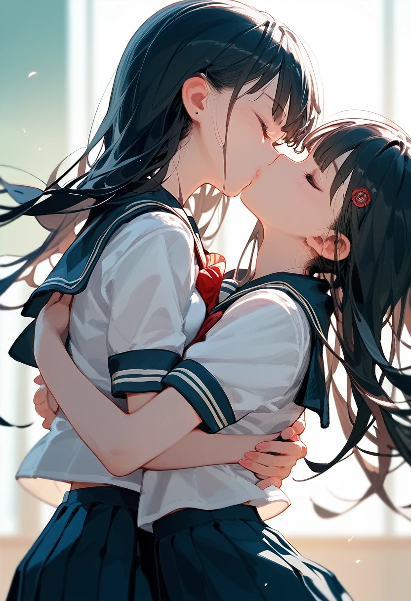 Score_9,Score_8_up,Score_7_up,highest quality,detailed,2 beautiful 18yo girls,JK,slim,(black_long_hair,straight_bangs),(wearing school uniform:1.2),(perfect anatomy),(hugging,kissing)