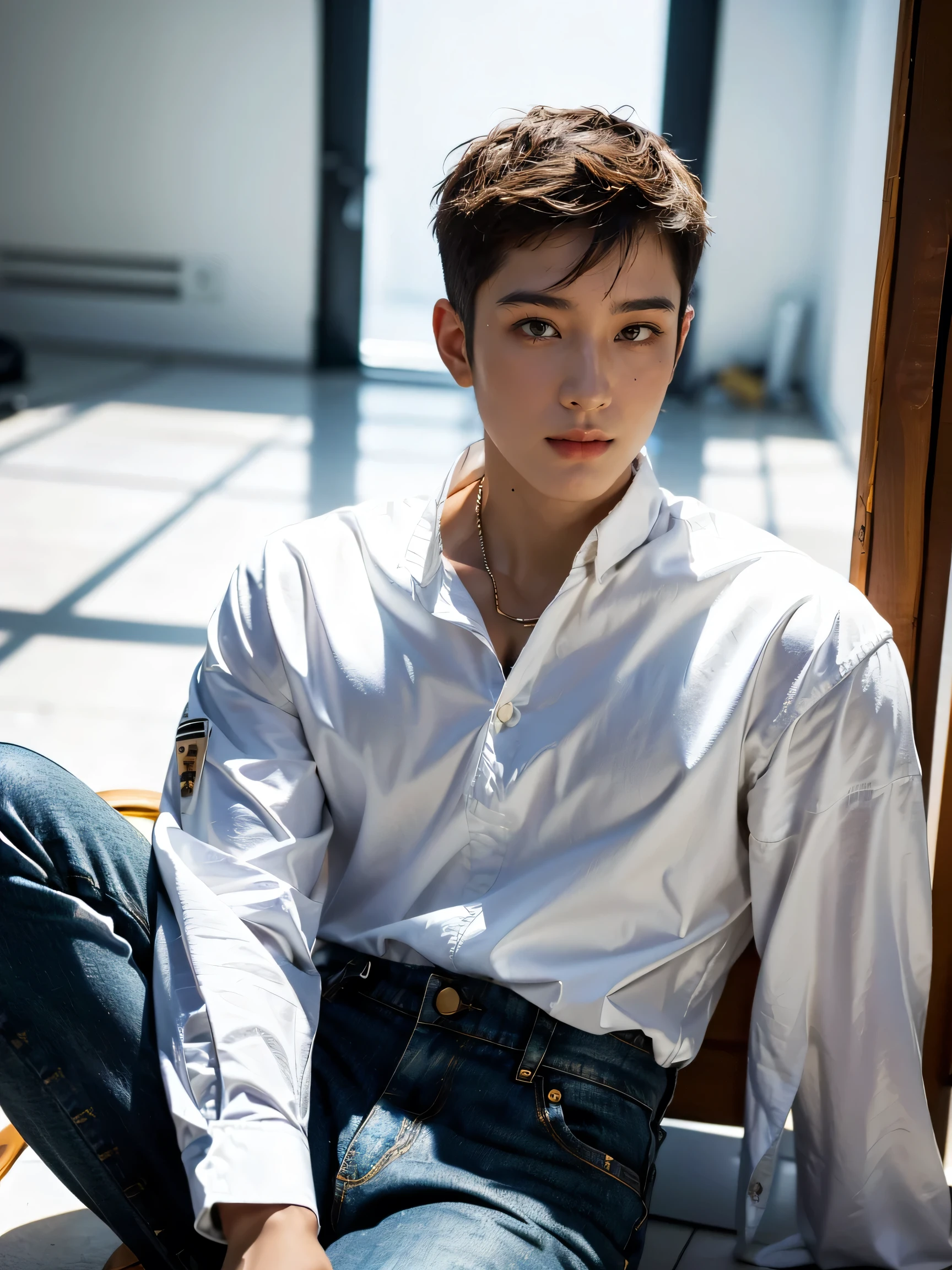 photography, masterpiece, best quality, 8k, highres, A Yung man，28 years old，Height 187 cm,Tall model figure，(brown hair:1.5)，(Korean man: 1.2), (black eyes:1.2)，((Rough man, Masculine)), ((Korean man)), handsome, with a sexy body, He poses handsomely，He is a Korean idol，((Pure white room))，Modern background， relaxed pose，(((half body photography)))，(tanned skin:1.8)，(Without makeup:1.5)， on a modern street, (super short hair styles:2)，(jarhead hair styles:2)，Looks fierce,Vicious mix-up,(skin blemishes),(digital photography,realistic,Photorealistic,Photoreal), (masterpiece) ,(bestquality), (top-quality), ((high-level image quality)), In a soundproof room, Record a song,(long pants),Korean Fashion,((complete clothes))，(((buttoned shirt))), white shirt,(Denim Pants)，Complete clothes,Blue Denim Pants，comfortable clothes，Ordinary casual wear，long sleeve shirt