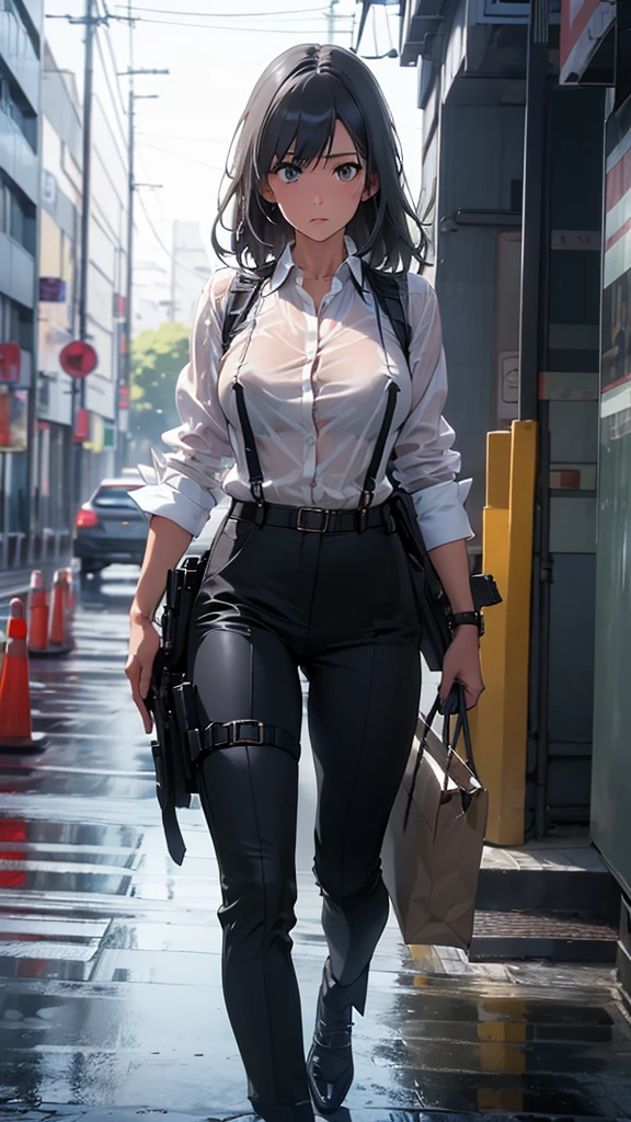 Woman in a suit, belt, Hands on back,  sweaty,  suspenders,  black pants , Sexy, Large Breasts, see-through clothing, rain, Detective, Office Workers,  white button up shirt , ( best quality,4K,8k, High Resolution ,masterpiece:1.2),Ultra-detailed,(Realistic,photoRealistic,photo-Realistic:1.37),Hyper Details,Highly detailed face and body, slender　thin　 suspenders　Medium Breast　 see-through shirt 　Nipples　　Lock　pistol　Armament　Criminal　Female Criminal　knife　Japanese　 profile 　Japanese women　Arrest Handcuffs　belt rain　See-through　holster　 leg links　Armament　
