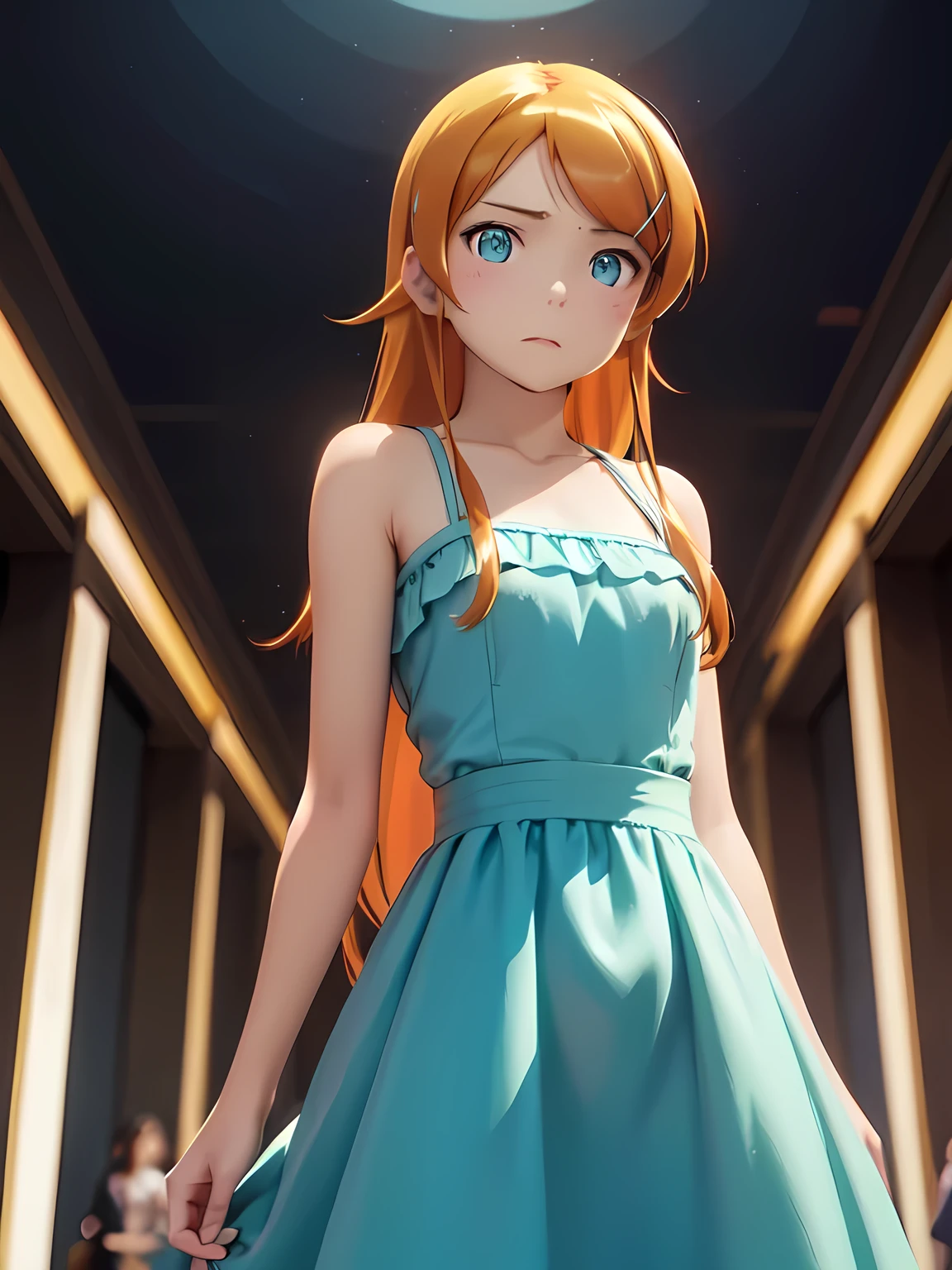 Runway, Long Hair, blue eyes, Hair Clip,  Orange Hair , Aqua Eye,  Brilliant Light, Female Model, colorful dress,  shiny material with reflective lighting, Luxury design, Audience Silhouettes , The climax of the show ,  Refined Fashion