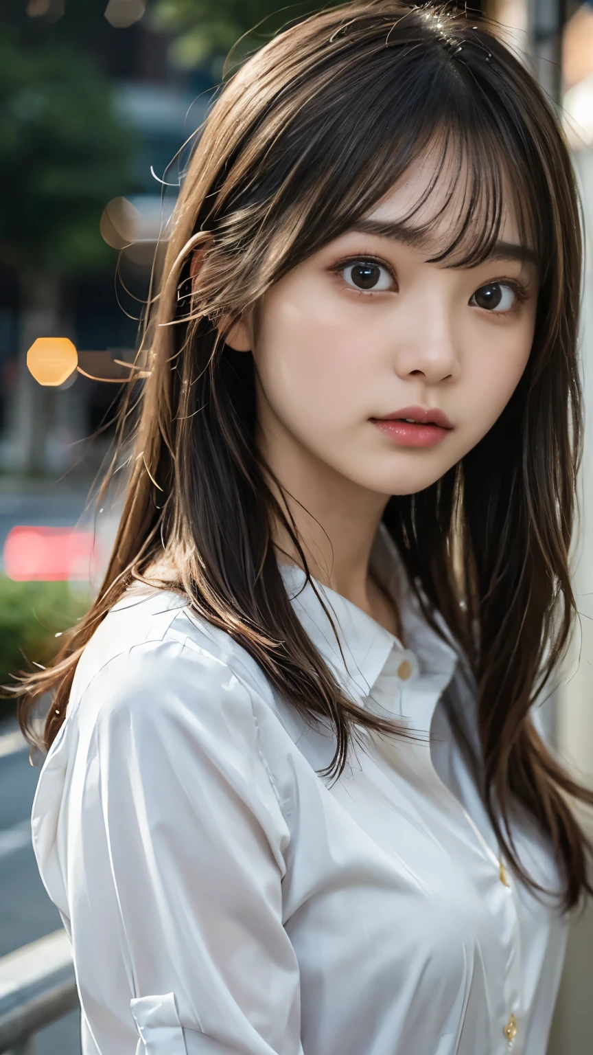 highres, ultra detailed, photorealistic, cenematic lighting, 1 beautiful japanese highschool girl, highly detailed beautiful face, medium hair, worried about unrequited love, dress shirt, coutry road, in the evening