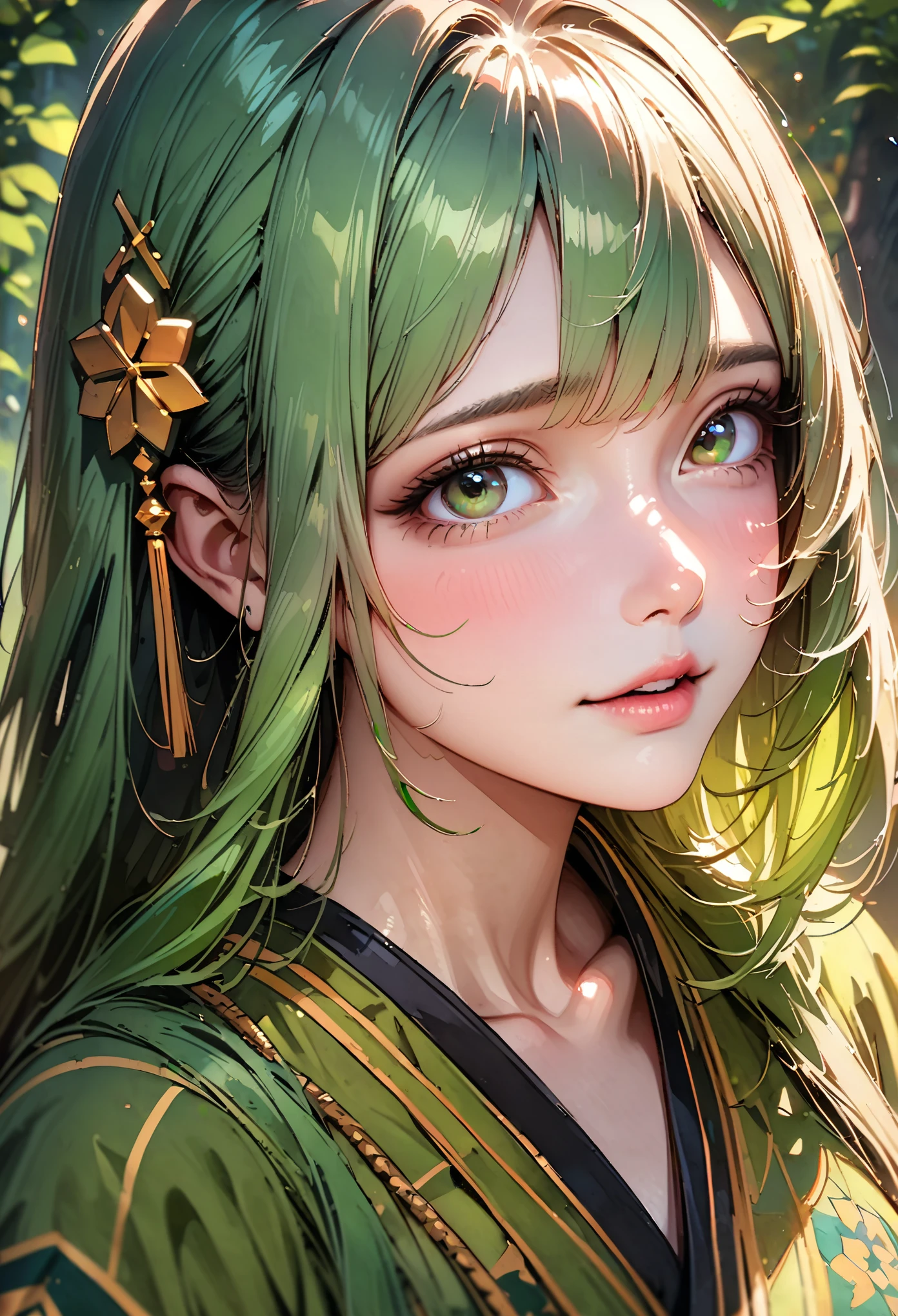 UHD, masterpiece, anatomically correct, textured skin, high details, best quality, highres, 1080P, 16k,SOLO, 1 female,Perfect body,huge oppai,(green long hair,floating hair),(Wear a golden hairpin),(Wearing a green Taoist caftan with forest pattern:1.9),(open pose),(forest Background),(shiny skin:1.7),(upper focus:1.7),(Close-up)
