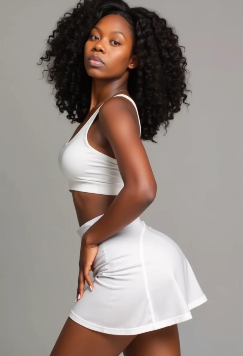 Destini, beautiful dark ebony  lightskinned brownish woman with curly hair and hourglass body wearing a white tennis skirt and white top