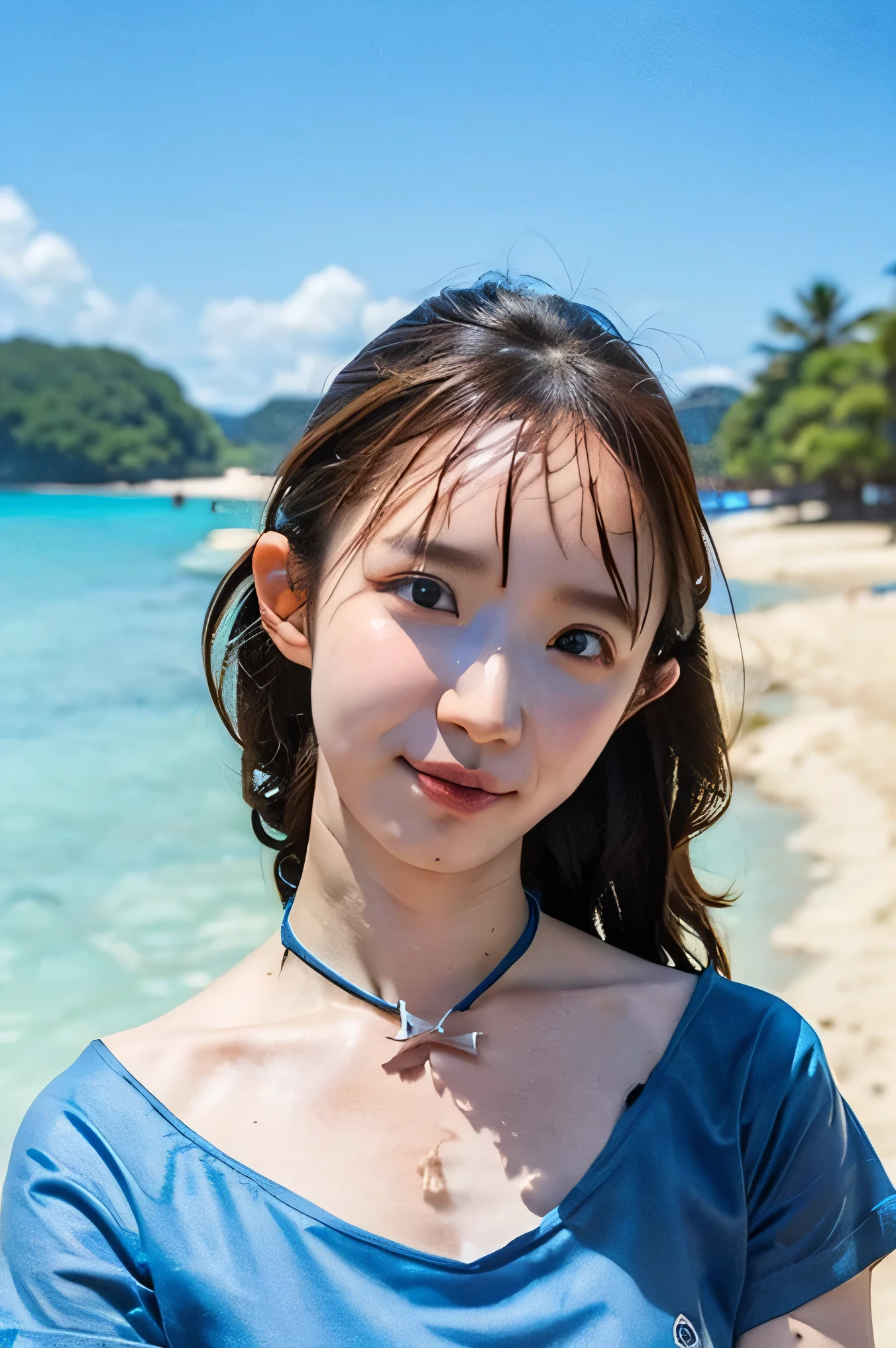 (cute face,brown eye: 1.3), (detailed face: 1.3), extra short hair, sidelocks-hair, smiling face, earrings, necklace, 1 girl, alone, blue sky, sea, short skirt, (Very detailed background: 1.0), (Very detailed background: 1.0)