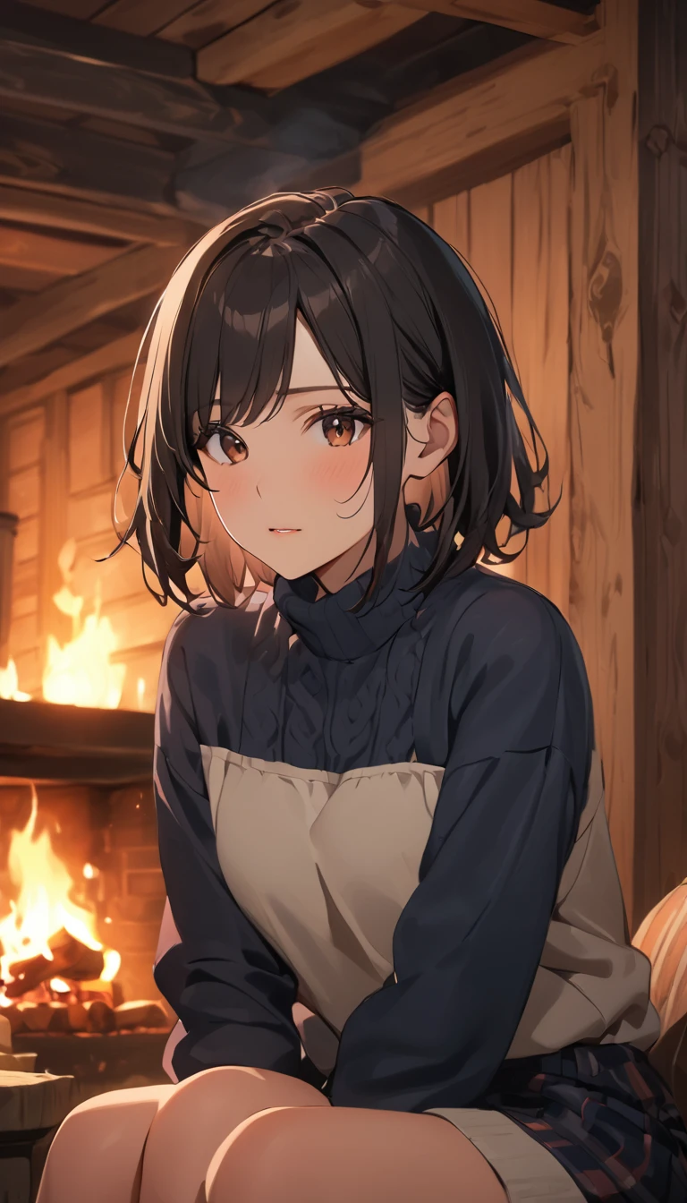 (masterpiece), One Girl, medium hair, Black Hair, A woman sitting alone in a rustic mountain cabin, the fireplace crackling, her expression distant