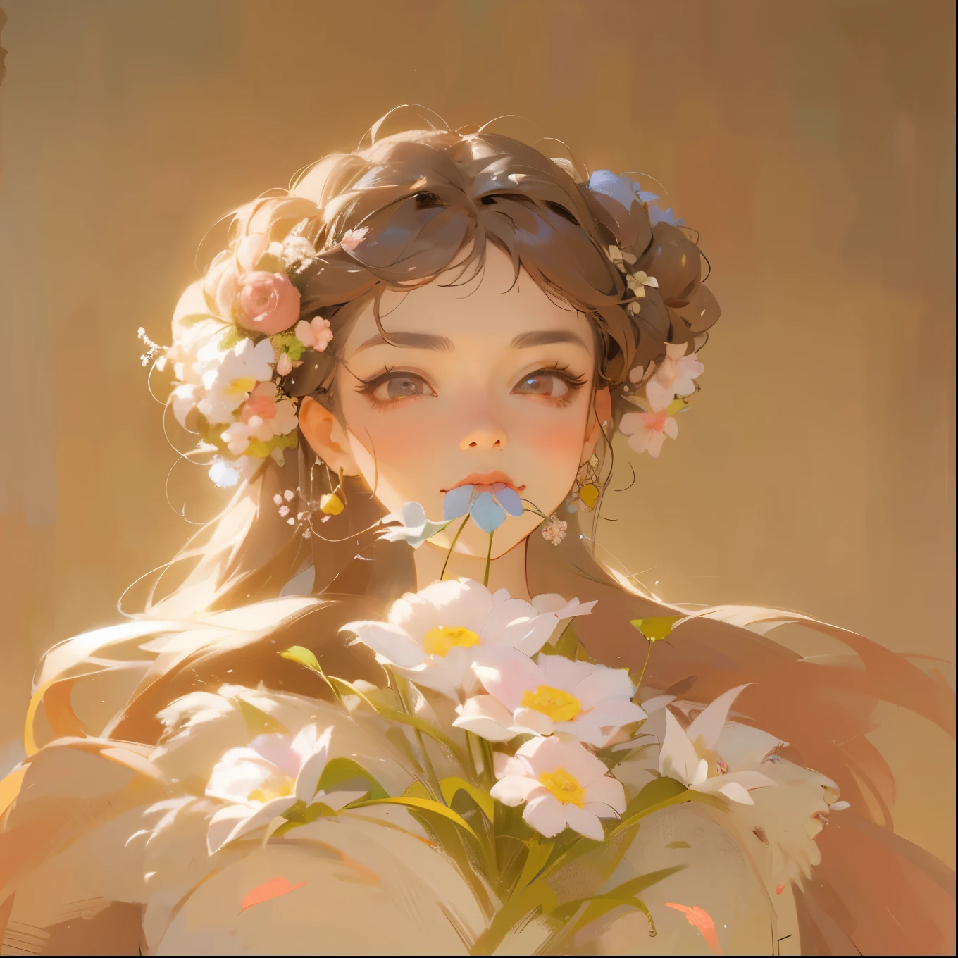 Best Quality, Intricate Detail, Highest Quality, Extremely Detailed, High Resolution, High Resolution, 4K, Ultra High Resolution, Detailed Shadows, Ultra Realistic, Realistic, 1 Girl, Detailed Face, Detailed Eyes, Realistic Skin, Two-dimensional, Anime, Indoor, Small Curls, Left Face, Flower, Bottom Left Light and Shadow, Open Back, Back Flowers