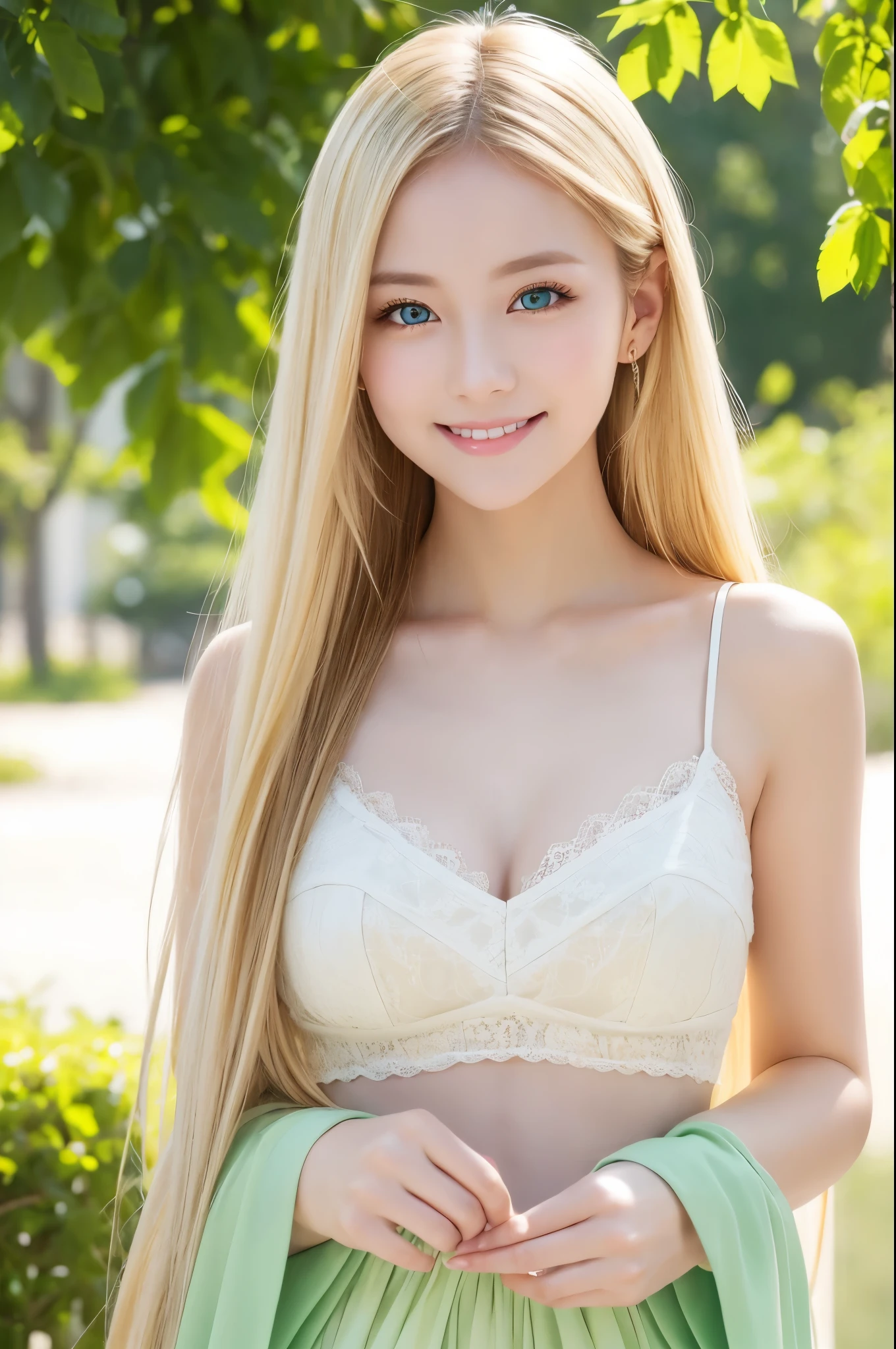 Leila、18-year-old、(Russian women)、(Cute face)、(Thin contours:1.3)、(Grey Eyes:1.8)、(Big Breasts:1.3)、(Narrow waist)、(Natural blonde medium long hair:1.3)8-head-tall model style、Long dress、Inside the room