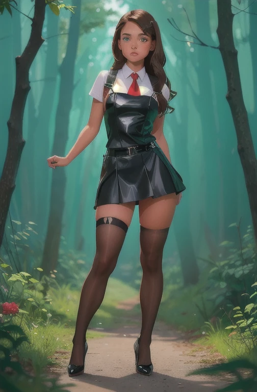 Cute young beautiful schoolgirl pioneer, beautiful cute teen face, curvy figure, black leather skater pinafore dress , transparent white blouse , red tie, brunette long hair, beautiful eyes. stockings, Leather high heels shoes, pioneer schoolgirl - standing in the forest , photorealistic , sad face, curvy figure, Белые чулки, ультравысокое разрешение, 32К, (Perfect Anatomy:1.5), идеальные ноги