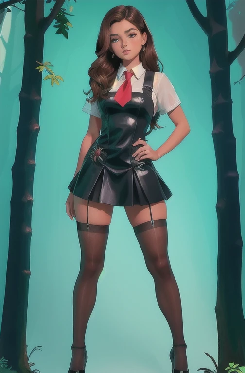 Cute young beautiful schoolgirl pioneer, beautiful cute teen face, curvy figure, black leather skater pinafore dress , transparent white blouse , red tie, brunette long hair, beautiful eyes. stockings, Leather high heels shoes, pioneer schoolgirl - standing in the forest , photorealistic , sad face, curvy figure, Белые чулки, ультравысокое разрешение, 32К, (Perfect Anatomy:1.5), идеальные ноги