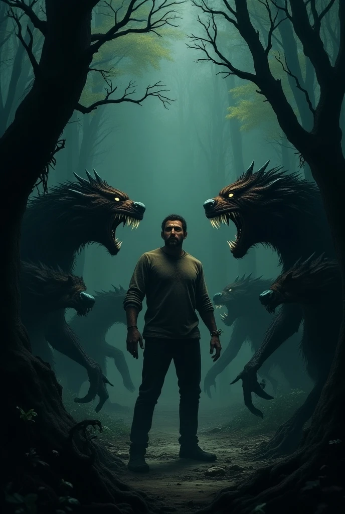 Explorateur de la peur, des phobies humaines, all kinds of phobias present in front of the character, which represents fear. La peur ou les phobies doivent être près du personnage. The character is seen from behind