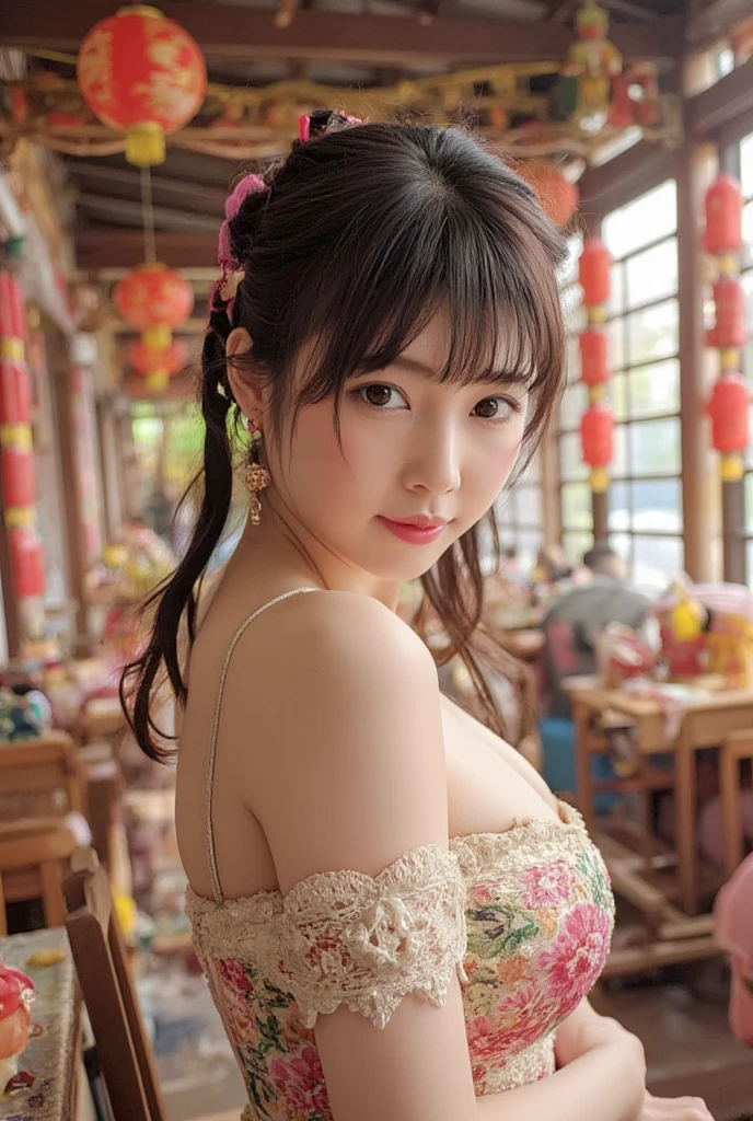 The eyes are very fragile，Double ponytail Chinese dress，Chinese New Year Decorations（（）））， （（ best quality））， （（ complicated details））， （（ surrealism ））（8k）