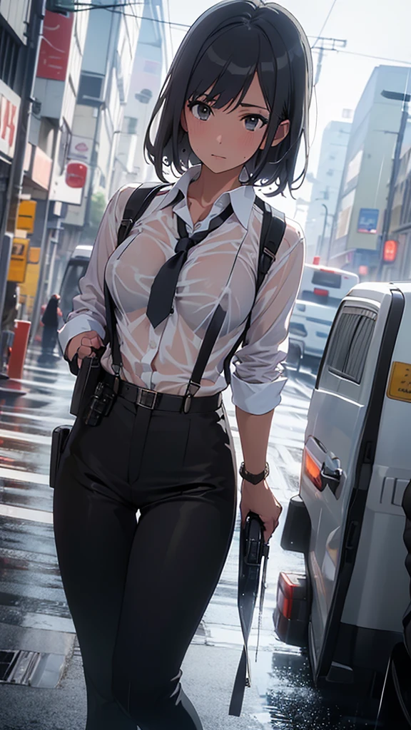 Woman in a suit, belt, Hands on back,  sweaty,  suspenders,  black pants , Sexy, Large Breasts, see-through clothing, rain, Detective, Office Workers,  white button up shirt , ( best quality,4K,8k, High Resolution ,masterpiece:1.2),Ultra-detailed,(Realistic,photoRealistic,photo-Realistic:1.37),Hyper Details,Highly detailed face and body, slender　thin　 suspenders　Medium Breast　 see-through shirt 　Nipples　　Lock　pistol　Armament　Criminal　Female Criminal　knife　Japanese　 profile 　Japanese women　Arrest Handcuffs　belt rain　See-through　holster　 leg links　Armament　
