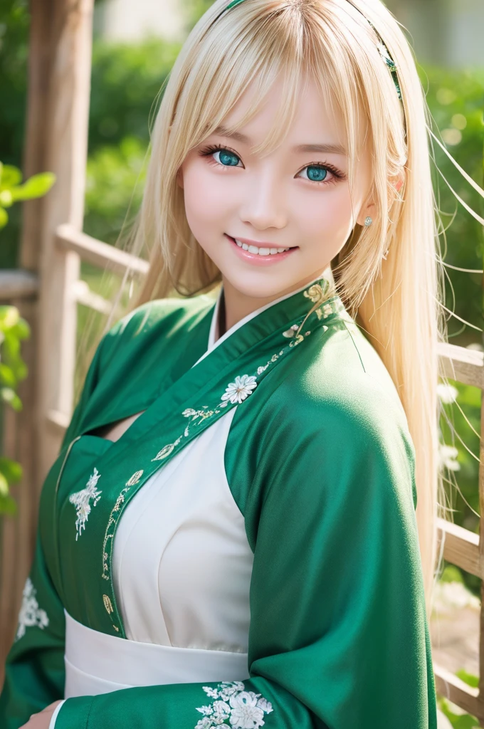 She is cosplaying a Chinese dress、blonde short、smile、green eyes、Braid、
