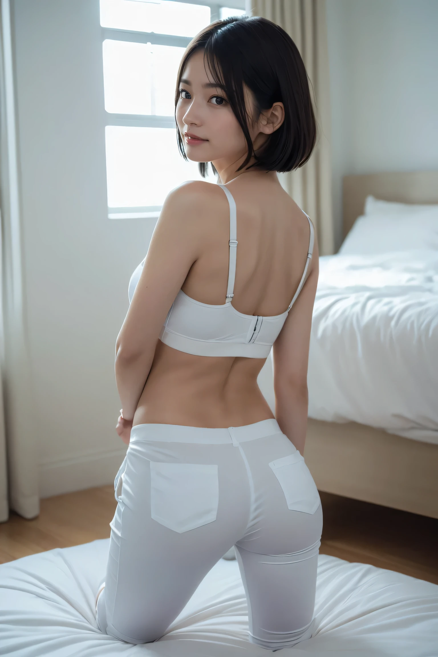 (8K, Raw photo, highest quality, masterpiece:1.2), (realistic, photo-realistic:1.37), Super detailed, 1 girl,、(full body shot),  ((bloomers))very slim, medium breasts, ((return)), ((from behind))(buckshot),  cute, white skin、(looking at the viewer,) light smile,alone, (closed mouth),enchanting smile, wide opening, professional lighting, Sony α7R4, Zecy 50mm F1.8, medium breasts,thin and beautiful eyes,