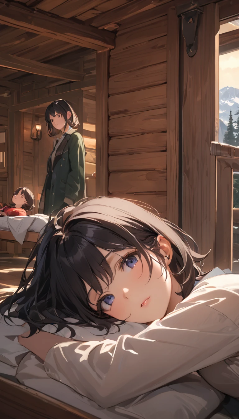 (masterpiece), One Girl, medium hair, Black Hair, A woman lying on a cot in a mountain cabin, her face pale as someone watches over her with concern