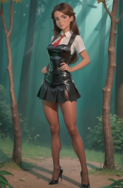 Cute young beautiful schoolgirl pioneer, beautiful cute teen face, curvy figure, black leather skater pinafore dress , transparent white blouse , red tie, brunette long hair, beautiful eyes. stockings, Leather high heels shoes, pioneer schoolgirl - standing in the forest , photorealistic , sad face, curvy figure, Белые чулки, ультравысокое разрешение, 32К, (Perfect Anatomy:1.5), идеальные ноги