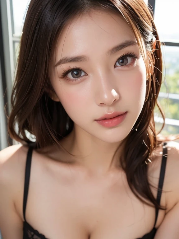 (Realistic, High image quality, RAW Photos), Beautiful Japanese Woman, Natural Light:1.3, Soft light, Beautiful Face, Happy Face, glamorous body, beautiful eyes, beautiful face line, beautiful nose line, Large Breasts:1.3, Brown eyes:1.2, Random Hairstyles, Beautifully designed lingerie, Random color lingerie, Dynamic pose, looking at viewer, dynamic angle, want to kiss, balcony，relax style, sweet kiss
